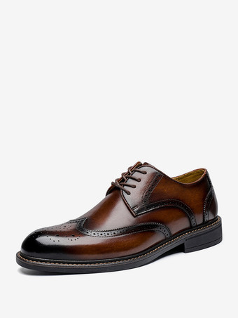 ブラウン メンズドレスシューズファッションスクエアトゥレザーブローグプロムウェディングシューズ