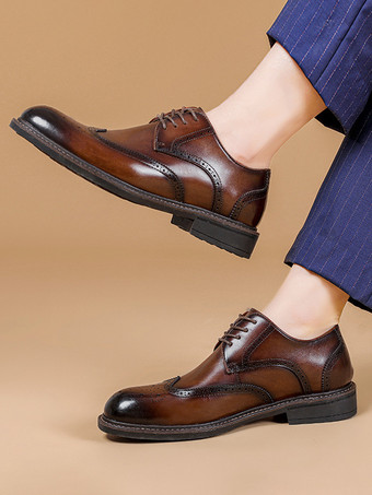 メンズドレスシューズファッションスクエアトゥレザーブローグプロムウェディングシューズ
