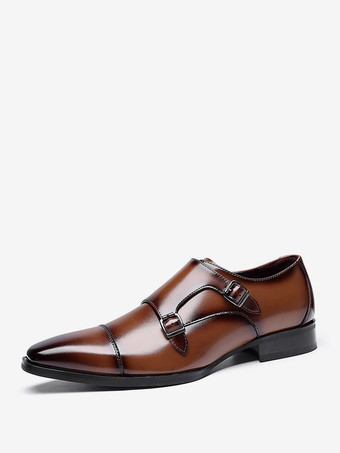ブラウン 男性用モンクシューズ 高品質スクエアトゥ バックル モンクストラップ プロム ウェディングシューズ