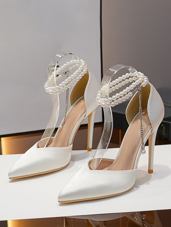 ホワイト ウェディングシューズ ブライダルパンプス サテン ポインテッドトゥ