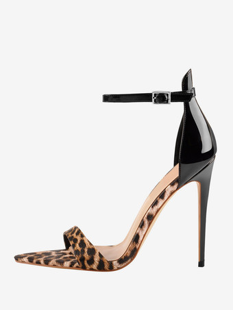 ブラック レディースヒールサンダル ポインテッドトゥ スティレットヒールサンダル パテントPUアッパー