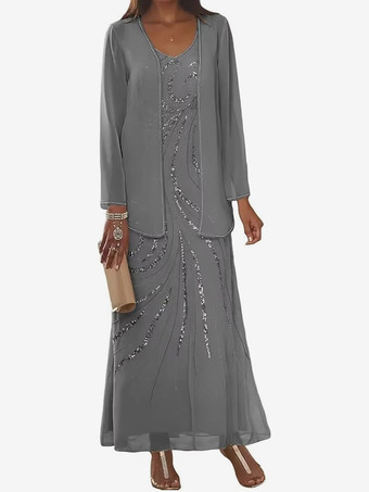 グレイマザードレス デザインネックライン 長袖 ツーピース スパンコール アンクル丈 ウェディングゲストドレス