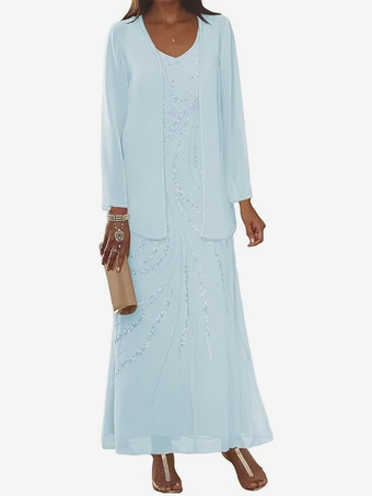 ベビーブルーマザードレス デザインネックライン 長袖 ツーピース スパンコール アンクル丈 ウェディングゲストドレス