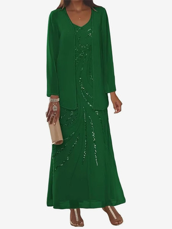 ダークグリーンマザードレス デザインネックライン 長袖 ツーピース スパンコール アンクル丈 ウェディングゲストドレス