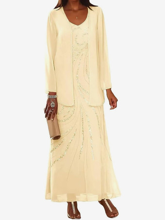 ライトゴールマザードレス デザインネックライン 長袖 ツーピース スパンコール アンクル丈 ウェディングゲストドレス