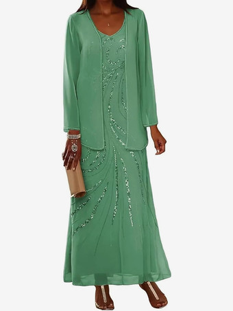 ライトグリーン マザードレス デザインネックライン 長袖 ツーピース スパンコール アンクル丈 ウェディングゲストドレス