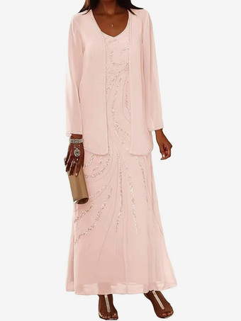 ソフトピンクマザードレス デザインネックライン 長袖 ツーピース スパンコール アンクル丈 ウェディングゲストドレス