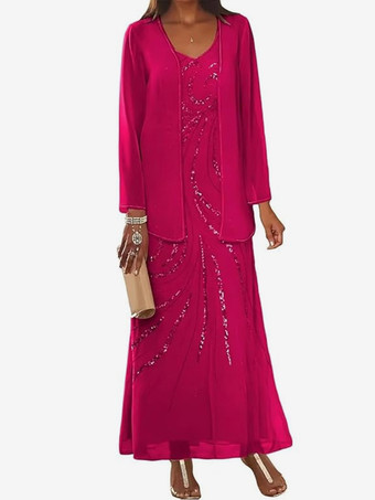 ローズレッドマザードレス デザインネックライン 長袖 ツーピース スパンコール アンクル丈 ウェディングゲストドレス