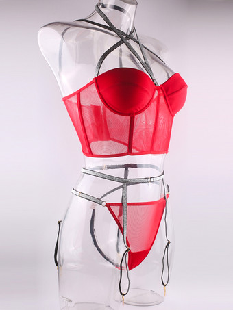 ランジェリー セクシー レッド 3ピース ビスチェ パンティ セット