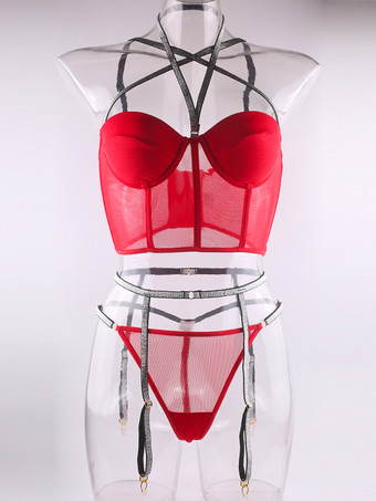ランジェリー セクシー レッド 3ピース ビスチェ パンティ セット