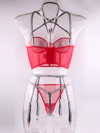 ランジェリー セクシー レッド 3ピース ビスチェ パンティ セット