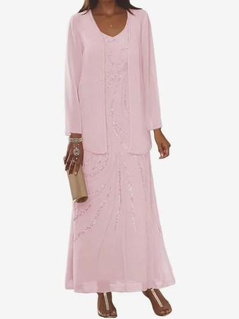 ピンクマザードレス デザインネックライン 長袖 ツーピース スパンコール アンクル丈 ウェディングゲストドレス