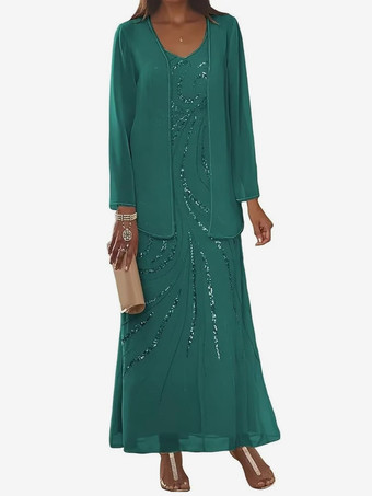 ターコイズグリーンマザードレス デザインネックライン 長袖 ツーピース スパンコール アンクル丈 ウェディングゲストドレス