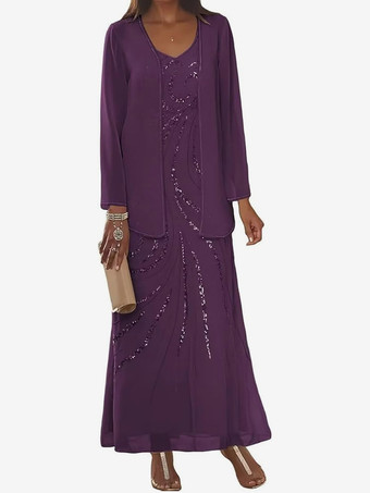 プラムマザードレス デザインネックライン 長袖 ツーピース スパンコール アンクル丈 ウェディングゲストドレス