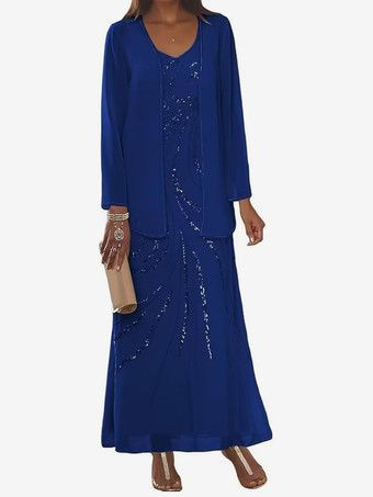 ブルーマザードレス デザインネックライン 長袖 ツーピース スパンコール アンクル丈 ウェディングゲストドレス