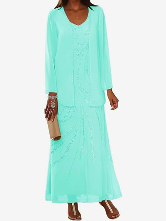 ミントグリーンマザードレス デザインネックライン 長袖 ツーピース スパンコール アンクル丈 ウェディングゲストドレス