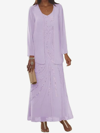 ラベンダーマザードレス デザインネックライン 長袖 ツーピース スパンコール アンクル丈 ウェディングゲストドレス