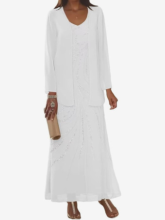 アイボリーマザードレス デザインネックライン 長袖 ツーピース スパンコール アンクル丈 ウェディングゲストドレス