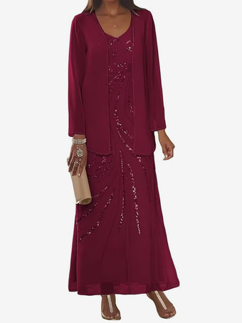 バーガンディーマザードレス デザインネックライン 長袖 ツーピース スパンコール アンクル丈 ウェディングゲストドレス