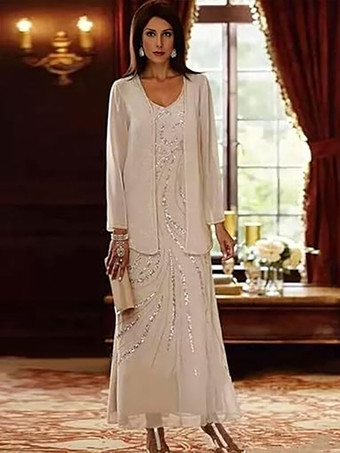 マザードレス デザインネックライン 長袖 ツーピース スパンコール アンクル丈 ウェディングゲストドレス