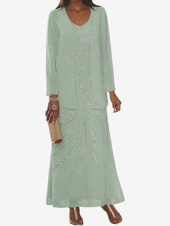 セージグリーンマザードレス デザインネックライン 長袖 ツーピース スパンコール アンクル丈 ウェディングゲストドレス