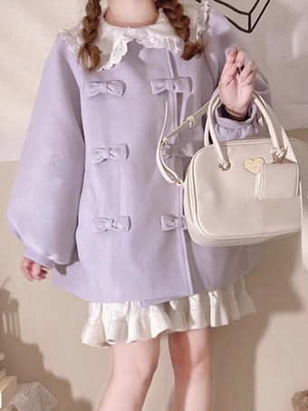 スイートロリータコート アカデミックラベンダーコート リボン フリル オーバーコート ポリエステル 秋ロリータアウター