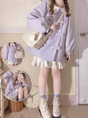 スイートロリータコート アカデミックラベンダーコート リボン フリル オーバーコート ポリエステル 秋ロリータアウター