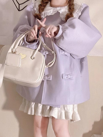 スイートロリータコート アカデミックラベンダーコート リボン フリル オーバーコート ポリエステル 秋ロリータアウター