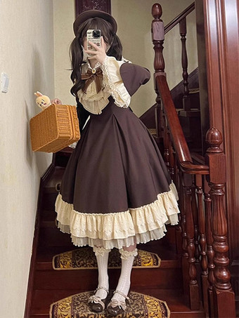 クラシカルロリータドレス ポリエステル 長袖 コーヒーブラウン ロリータドレス