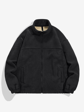 ブラック メンズ 暖かい 冬 ジッパー ジャケット カジュアル スタンドカラー コットン フリース コート