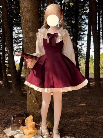 BordeauxRobe Sweet Lolita Robe en polyester à manches longues Robe Sweet Christmas Lolita