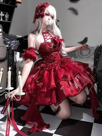 ゴシックロリータドレス JSK バーガンディ フラワー フリル スリップドレス