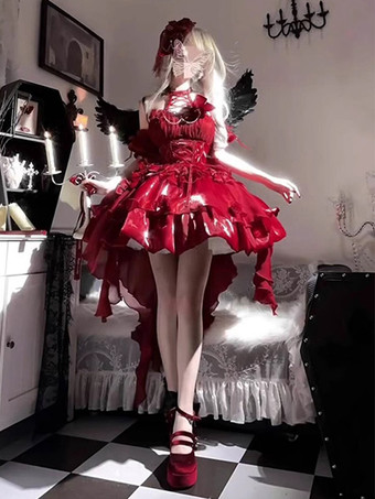 ゴシックロリータドレス JSK バーガンディ フラワー フリル スリップドレス