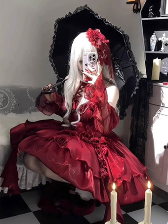 ゴシックロリータドレス JSK バーガンディ フラワー フリル スリップドレス
