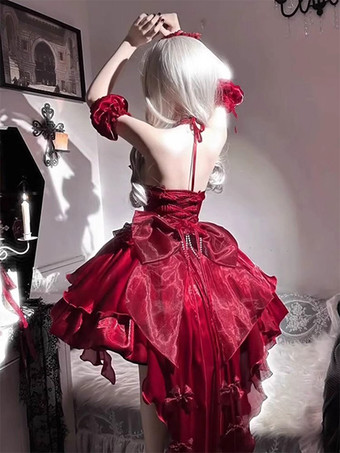 ゴシックロリータドレス JSK バーガンディ フラワー フリル スリップドレス