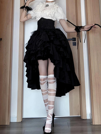 ブラック ゴシックロリータ衣装 黒レース フリル リボン 半袖 トップス スカート
