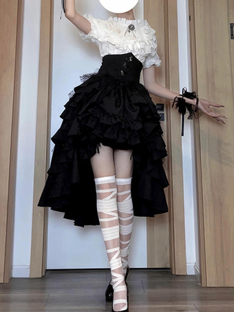 ゴシックロリータ衣装 黒レース フリル リボン 半袖 トップス スカート