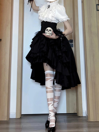 ゴシックロリータ衣装 黒レース フリル リボン 半袖 トップス スカート
