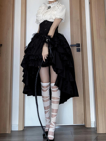 ゴシックロリータ衣装 黒レース フリル リボン 半袖 トップス スカート