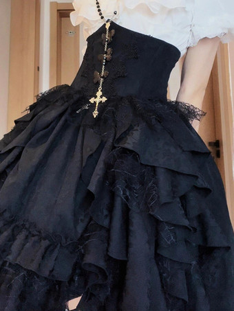 ゴシックロリータ衣装 黒レース フリル リボン 半袖 トップス スカート