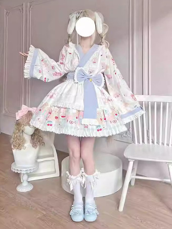 ライトスカイブルー着物ロリータ衣装 ライトスカイブルー レース リボン フリル 花柄 長袖 エプロン スカート トップス