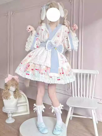 着物ロリータ衣装 ライトスカイブルー レース リボン フリル 花柄 長袖 エプロン スカート トップス