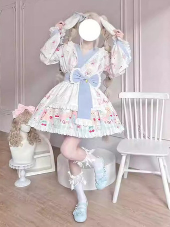 着物ロリータ衣装 ライトスカイブルー レース リボン フリル 花柄 長袖 エプロン スカート トップス