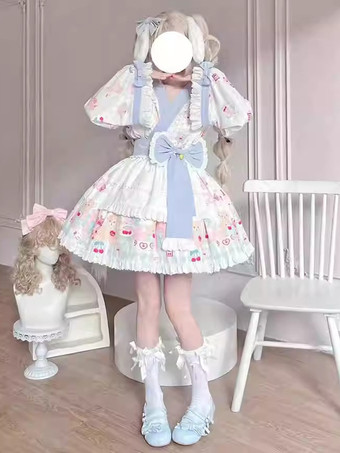 着物ロリータ衣装 ライトスカイブルー レース リボン フリル 花柄 長袖 エプロン スカート トップス