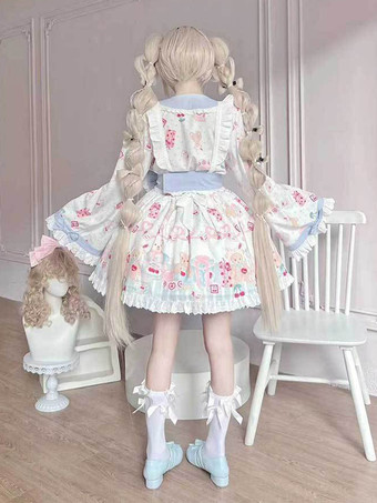 着物ロリータ衣装 ライトスカイブルー レース リボン フリル 花柄 長袖 エプロン スカート トップス