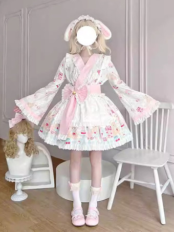 ピンク着物ロリータ衣装 ライトスカイブルー レース リボン フリル 花柄 長袖 エプロン スカート トップス