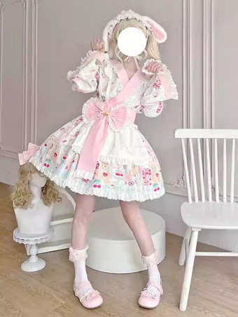 着物ロリータ衣装 ライトスカイブルー レース リボン フリル 花柄 長袖 エプロン スカート トップス