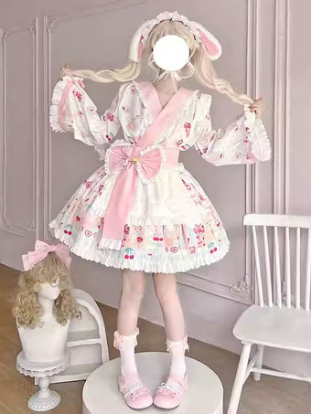 着物ロリータ衣装 ライトスカイブルー レース リボン フリル 花柄 長袖 エプロン スカート トップス