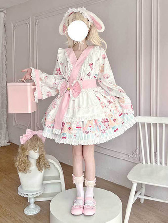 着物ロリータ衣装 ライトスカイブルー レース リボン フリル 花柄 長袖 エプロン スカート トップス