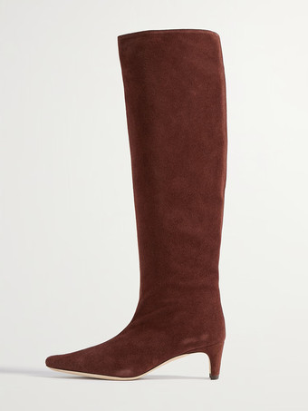 ブラウンマイクロスエードアッパー ダークグリーン スクエアトゥ キトンヒール ミッドカーフブーツ レディース ブーツ